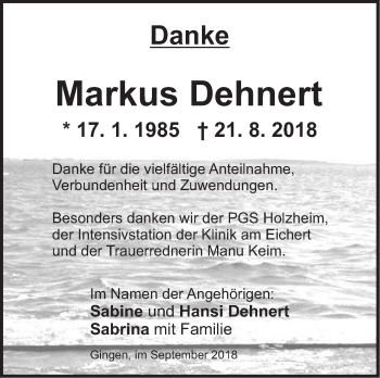 Traueranzeige von Markus Markus Dehnert von NWZ Neue Württembergische Zeitung/Geislinger Zeitung