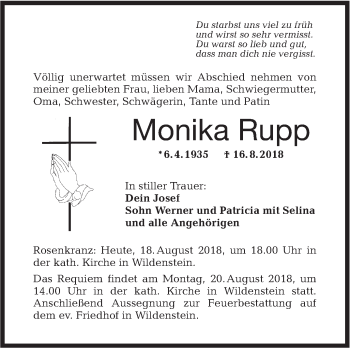 Traueranzeige von Monika Rupp von Hohenloher Tagblatt