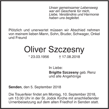 Traueranzeige von Oliver Szczesny von SÜDWEST PRESSE Ausgabe Ulm/Neu-Ulm