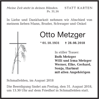 Traueranzeige von Otto Metzger von Hohenloher Tagblatt