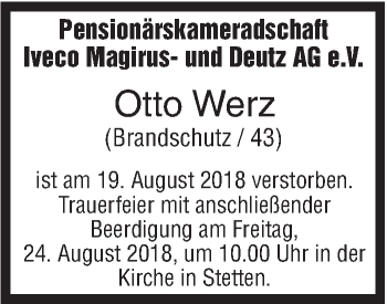 Traueranzeige von Otto Werz von SÜDWEST PRESSE Ausgabe Ulm/Neu-Ulm