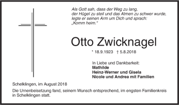 Traueranzeige von Otto Zwicknagel von Ehinger Tagblatt