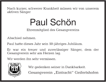 Traueranzeige von Paul Schön von Haller Tagblatt