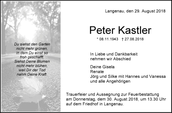 Traueranzeige von Peter Kastler von SÜDWEST PRESSE Ausgabe Ulm/Neu-Ulm