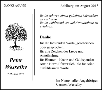 Traueranzeige von Peter Wesselky von NWZ Neue Württembergische Zeitung