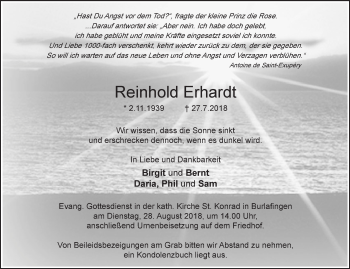 Traueranzeige von Reinhold Erhardt von SÜDWEST PRESSE Ausgabe Ulm/Neu-Ulm