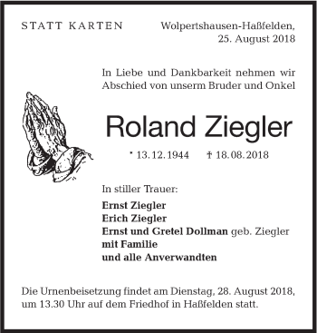 Traueranzeige von Roland Ziegler von Haller Tagblatt