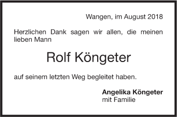 Traueranzeige von Rolf Köngeter von NWZ Neue Württembergische Zeitung
