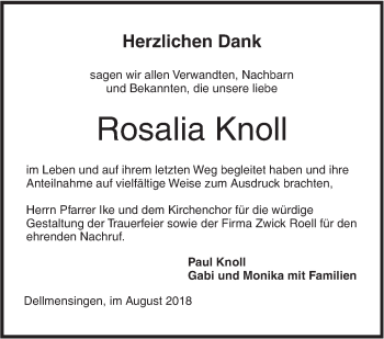 Traueranzeige von Rosalia Knoll von SÜDWEST PRESSE Ausgabe Ulm/Neu-Ulm