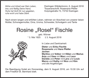 Traueranzeige von Rosine Rosel Fischle von NWZ Neue Württembergische Zeitung