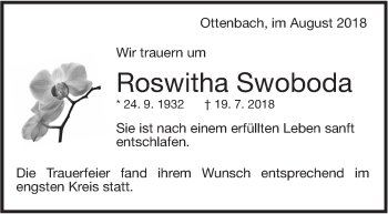 Traueranzeige von Roswitha Swoboda von NWZ Neue Württembergische Zeitung