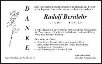 Traueranzeige von Rudolf Bernlehr von Haller Tagblatt