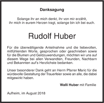 Traueranzeige von Rudolf Huber von SÜDWEST PRESSE Ausgabe Ulm/Neu-Ulm