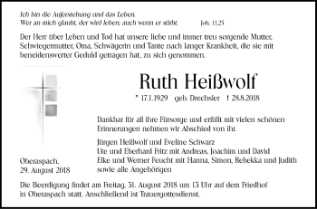 Traueranzeige von Ruth Heißwolf von Haller Tagblatt