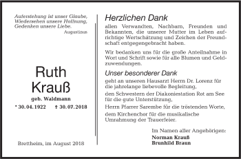 Traueranzeige von Ruth Krauß von Hohenloher Tagblatt