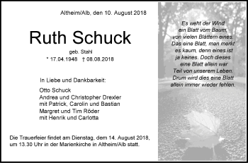 Traueranzeige von Ruth Schuck von SÜDWEST PRESSE Ausgabe Ulm/Neu-Ulm