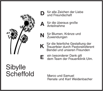 Traueranzeige von Sibylle Scheffold von SÜDWEST PRESSE Ausgabe Ulm/Neu-Ulm