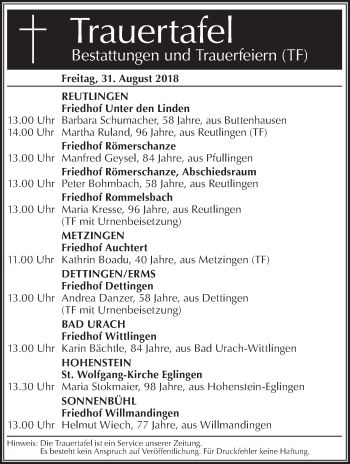 Traueranzeige von Sterbetafel vom 31.08.2018 von Metzinger-Uracher Volksblatt