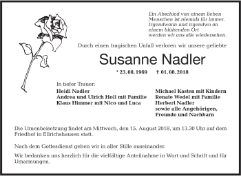 Traueranzeige von Susanne Nadler von Hohenloher Tagblatt