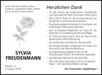 Traueranzeige von Sylvia Freudenmann von Hohenzollerische Zeitung