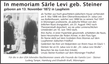 Traueranzeige von Särle Levi von Alb-Bote