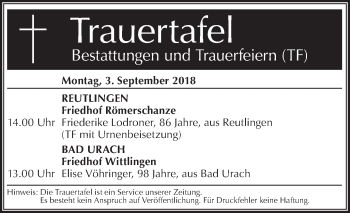 Traueranzeige von Truertafel vom 03.09.2018 von Metzinger-Uracher Volksblatt