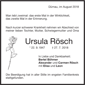 Traueranzeige von Ursula Rösch von NWZ Neue Württembergische Zeitung