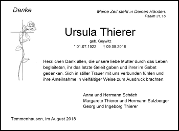 Traueranzeige von Ursula Thierer von SÜDWEST PRESSE Ausgabe Ulm/Neu-Ulm