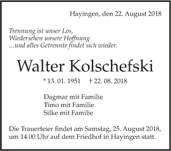 Traueranzeige von Walter Kolschefski von Alb-Bote/Metzinger-Uracher Volksblatt