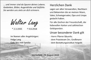 Traueranzeige von Walter Lang von Haller Tagblatt