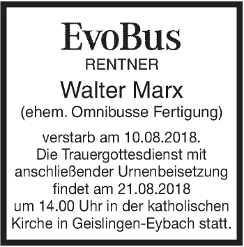 Traueranzeige von Walter Marx von SÜDWEST PRESSE Ausgabe Ulm/Neu-Ulm