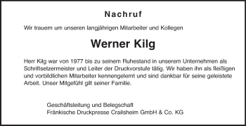 Traueranzeige von Werner Kilg von Hohenloher Tagblatt