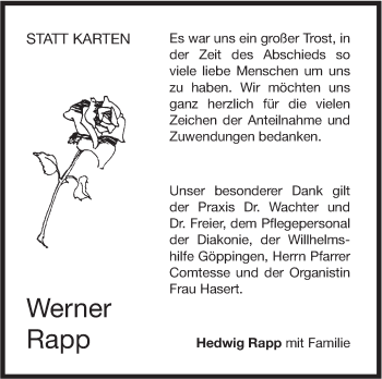 Traueranzeige von Werner Rapp von NWZ Neue Württembergische Zeitung
