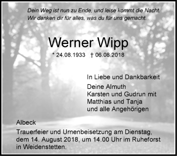 Traueranzeige von Werner Wipp von SÜDWEST PRESSE Ausgabe Ulm/Neu-Ulm