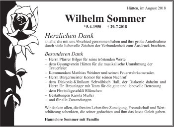 Traueranzeige von Wilhelm Sommer von Haller Tagblatt