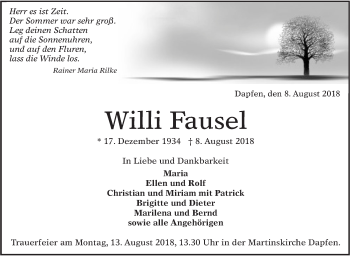 Traueranzeige von Willi Fausel von Alb-Bote/Metzinger-Uracher Volksblatt