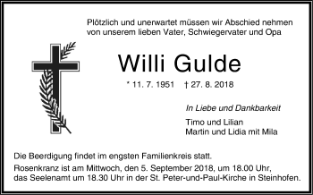 Traueranzeige von Willi Gulde von Hohenzollerische Zeitung