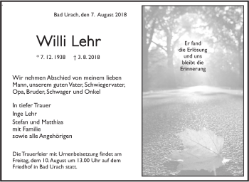 Traueranzeige von Willi Lehr von Metzinger-Uracher Volksblatt