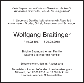 Traueranzeige von Wolfgang Braitinger von SÜDWEST PRESSE Ausgabe Ulm/Neu-Ulm