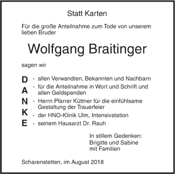 Traueranzeige von Wolfgang Braitinger von SÜDWEST PRESSE Ausgabe Ulm/Neu-Ulm