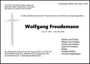 Traueranzeige von Wolfgang Freudemann von Hohenzollerische Zeitung