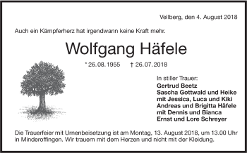 Traueranzeige von Wolfgang Häfele von Haller Tagblatt