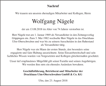 Traueranzeige von Wolfgang Nägele von SÜDWEST PRESSE Ausgabe Ulm/Neu-Ulm