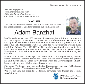 Traueranzeige von Adam Banzhaf von Hohenzollerische Zeitung