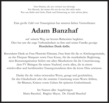 Traueranzeige von Adam Banzhaf von Hohenzollerische Zeitung