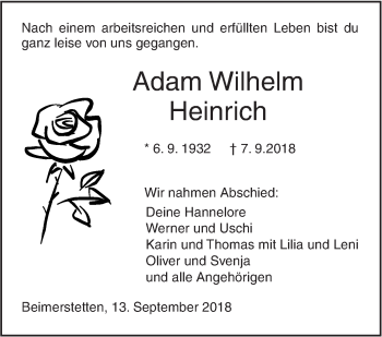 Traueranzeige von Adam Wilhelm Heinrich von SÜDWEST PRESSE Ausgabe Ulm/Neu-Ulm