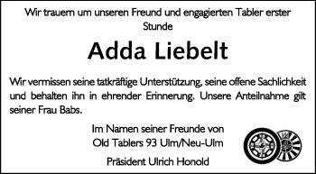 Traueranzeige von Adda Liebelt von SÜDWEST PRESSE Ausgabe Ulm/Neu-Ulm