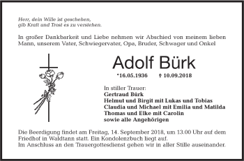 Traueranzeige von Adolf Bürk von Hohenloher Tagblatt