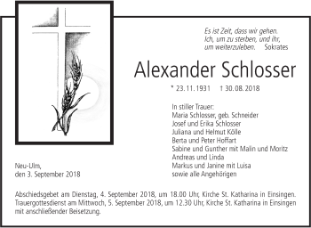 Traueranzeige von Alexander Schlosser von SÜDWEST PRESSE Ausgabe Ulm/Neu-Ulm