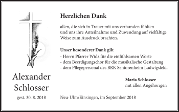 Traueranzeige von Alexander Schlosser von SÜDWEST PRESSE Ausgabe Ulm/Neu-Ulm